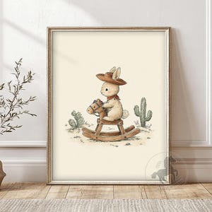 Cowboy Bunny Nursery Print: Western Rocking Horse Art (Digital Download