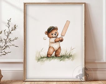 Teddy Bear Swinging Cricket Bat Nursery Art | Vintage Sports Animal Wall Art | Kids Room Decor | Printable Digital Download