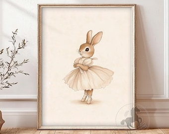 Bunny Rabbit Ballerina Nursery Art | Vintage Dance Animal Wall Art | Kids Room Decor | Printable Digital Download