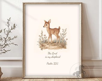 Baby Deer Nursery Print: Psalm 23 Scripture, Woodland Fawn Art (Digital Download)