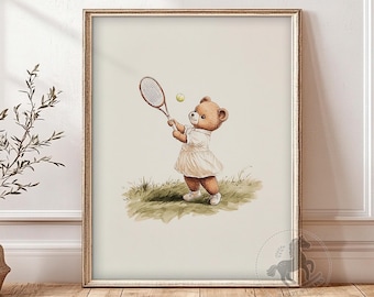 Teddy Bear Playing Tennis Sports Nursery Wall Art, Kids Room Decor, Printable Digital Download