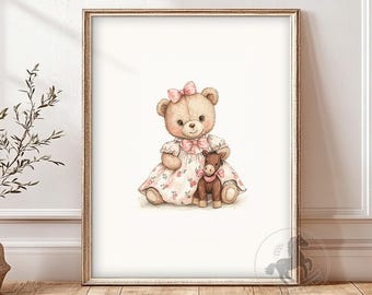 Teddy Bear in Pink Dress Nursery Art | Vintage Storybook Wall Art | Kids Room Decor | Printable Digital Download