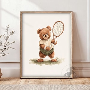 Teddy Bear Playing Tennis Nursery Art | Watercolor Sports Animal Wall Art | Kids Room Decor | Printable Digital Download