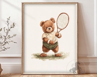 Teddy Bear Nursery Wall Art, Vintage Tennis Bear Print, Printable Sport Nursery Decor, Boy Nursery Poster, Digital Download