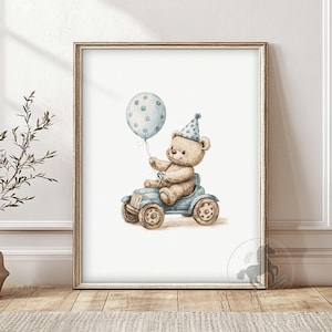 Teddy Bear Nursery Wall Art, Printable Boy Nursery Decor, Birthday Balloon Car Poster Print, Digital Download