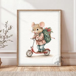 Mouse on Scooter Nursery Art | Cute Animal Wall Art | Kids Room Decor | Printable Digital Download
