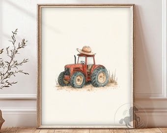 Grafika ścienna do pokoju dziecięcego z traktorem, DO DRUKU Dekoracja do pokoju dziecięcego z farmą, Wydruk z farmą w stylu vintage z kowbojem, Pobierz cyfrowo