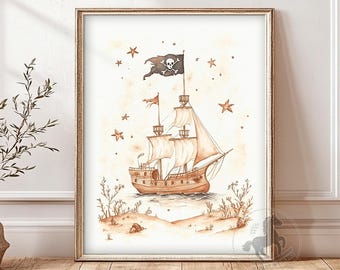 Pirate Ship Nursery Art | Watercolor Adventure Wall Art | Kids Room Decor | Printable Digital Download