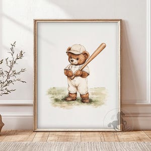 Teddy Bear Playing Baseball Nursery Art | Vintage Sports Animal Wall Art | Kids Room Decor | Printable Digital Download