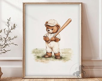 Teddy Bear Playing Baseball Nursery Art | Vintage Sports Animal Wall Art | Kids Room Decor | Printable Digital Download