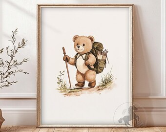 Arte de parede para quarto de bebê com ursinho de pelúcia, decoração de quarto de bebê com animais para imprimir, estampa vintage de trilha, download digital.