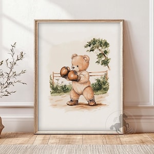 Arte infantil de osito boxeando en el ring / Arte mural vintage de animales deportivos / Decoración de habitación infantil / Descarga digital imprimible