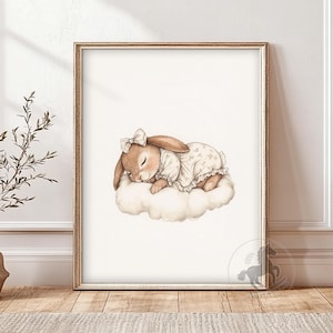 Arte infantil de conejito durmiendo en una nube / Arte mural de cuentos vintage / Decoración de habitación infantil / Descarga digital imprimible