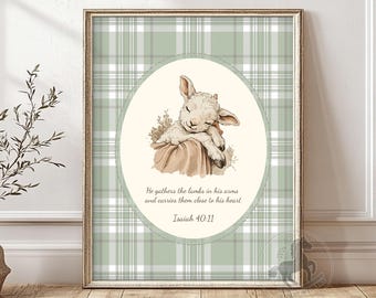 Arte de pared para guardería con corderos, decoración religiosa imprimible, impresión de las Escrituras vintage, descarga digital