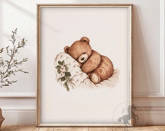 Arte de parede para quarto de bebê com ursinho de pelúcia, decoração de quarto de bebê com animais para imprimir, estampa floral vintage, download digital.