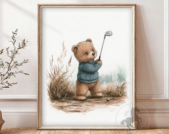 Golf Teddy Bear Nursery Wall Art, Printable Golfer Decor for Kids Rooms