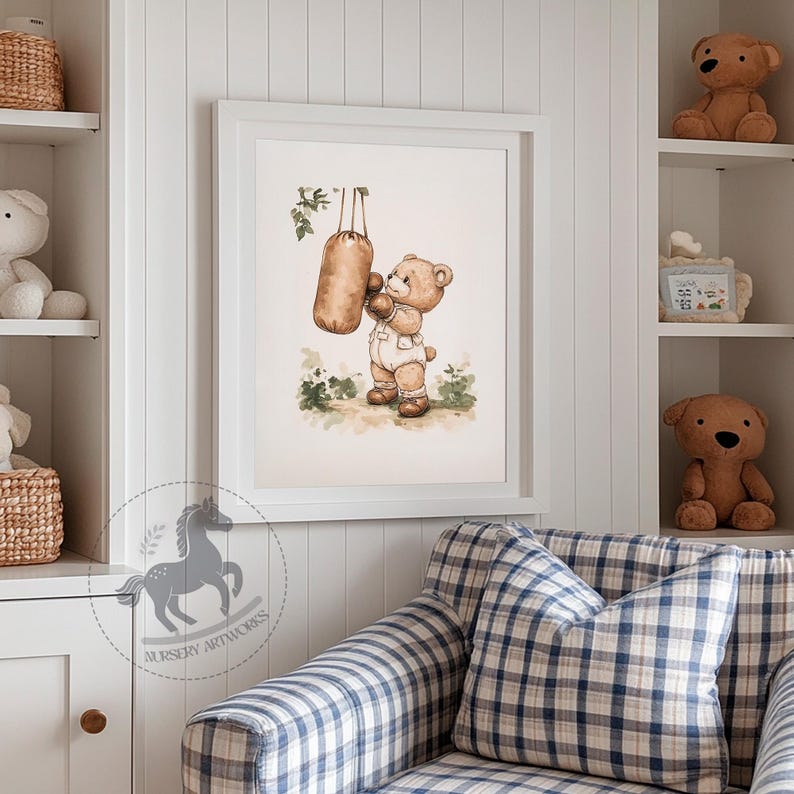 May include: A watercolor illustration of a brown bear wearing boxing gloves and punching a hanging punching bag. The bear is wearing a white shirt and brown shorts. The illustration is set against a green background with leaves and flowers.