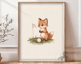Arte de parede para quarto de bebê com raposa, decoração esportiva para quarto de bebê para imprimir, estampa vintage de golfe, download digital.