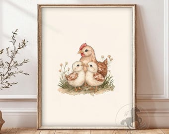 Chicken Nursery Wall Art, PRINTABLE Farm Nursery Decor, Vintage Hen And Chicks Print, Digital Download