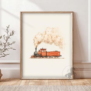 May include: A watercolor painting of a red vintage steam train with smoke billowing from the chimney. The train is on a track and is moving forward. The background is white.