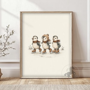 Penguin Nursery Wall Art, Printable Animal Nursery Decor, Ice Skating Penguins Poster Print, Digital Download