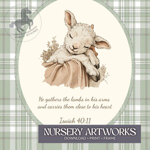 May include: Watercolor illustration of a sleeping lamb with text from Isaiah 40:11. The lamb is white with a light brown blanket, set against a soft green plaid background. The image includes the text "NURSERY ARTWORKS".