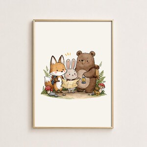 May include: A framed wall art print featuring a watercolor illustration of a fox, a rabbit, and a bear standing together in a forest. The animals are wearing backpacks, holding a map, and carrying a lantern, surrounded by ferns and mushrooms.