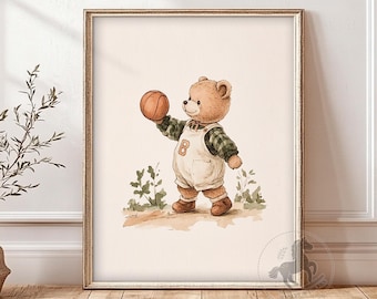 Teddy Bear Basketball Nursery Art: Vintage Sports Print (Digital Download)