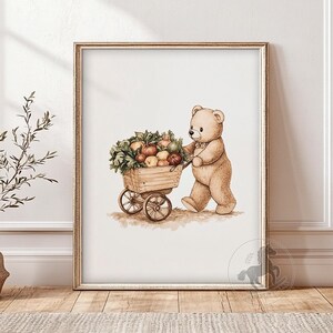 テディベアとファームカートの保育園アート | ヴィンテージ動物ウォールアート | 子供部屋の装飾 | 印刷可能なデジタルダウンロード
