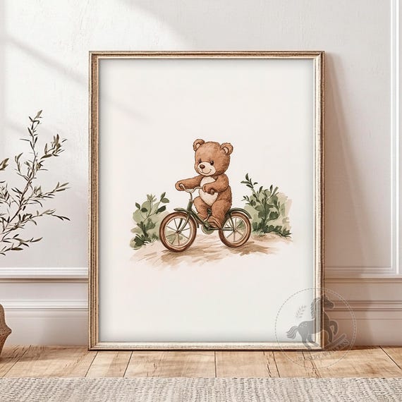 Teddy Bear on Bicycle Nursery Art: Vintage Kids Room Decor
