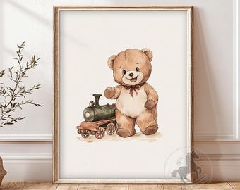 Teddy Bear Nursery Wall Art, PRINTABLE Animal Nursery Decor, Vintage Toy Train Print, Digital Download
