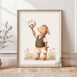 Ram Spinning Volleyball Nursery Art | Cartoon Sports Animal Wall Art | Wystrój pokoju dziecięcego | Do druku cyfrowego do pobrania