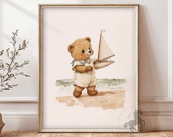 Teddybeer zeilboot kinderkamerkunst: grillige strandprint (digitale download)