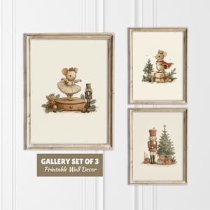 May include: A gallery set of three framed prints featuring watercolor illustrations of mice in festive attire. One mouse wears a tutu, another a cape, and the third is a nutcracker. The prints are in neutral tones with a vintage aesthetic.