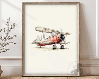 Arte de pared para habitación infantil con diseño de avión, decoración imprimible para habitación infantil, impresión de avión vintage, descarga digital