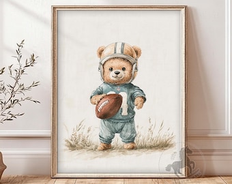 Teddy Bear Quarterback Nursery Art | Cute Football Sports Wall Art | Kids Room Decor | Printable Digital Download