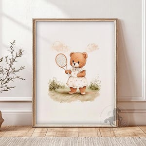 Teddy Bear Playing Tennis Nursery Art | Vintage Sports Animal Wall Art | Kids Room Decor | Printable Digital Download