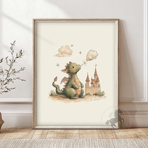 Baby Dragon Nursery Print: Fairytale Castle, Stars (Digital Download)
