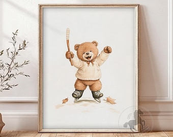 Teddy Bear Nursery Wall Art, Vintage Hockey Sports Print, Printable Boys Room Decor
