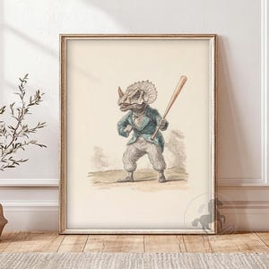 Dinosaur Baseball Nursery Art Print: Vintage Triceratops (Digital Download)