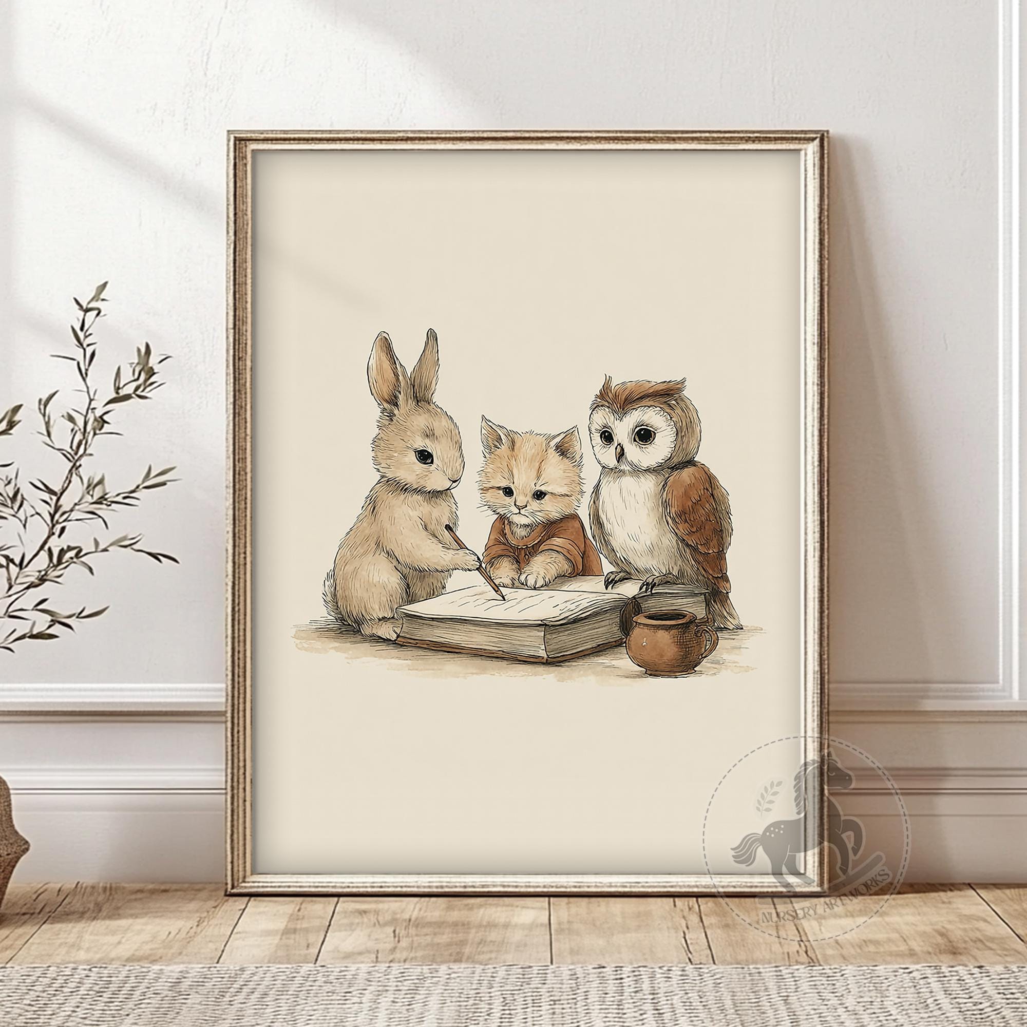 ストーリータイム動物保育園アートプリント：ウサギ、フクロウ、猫