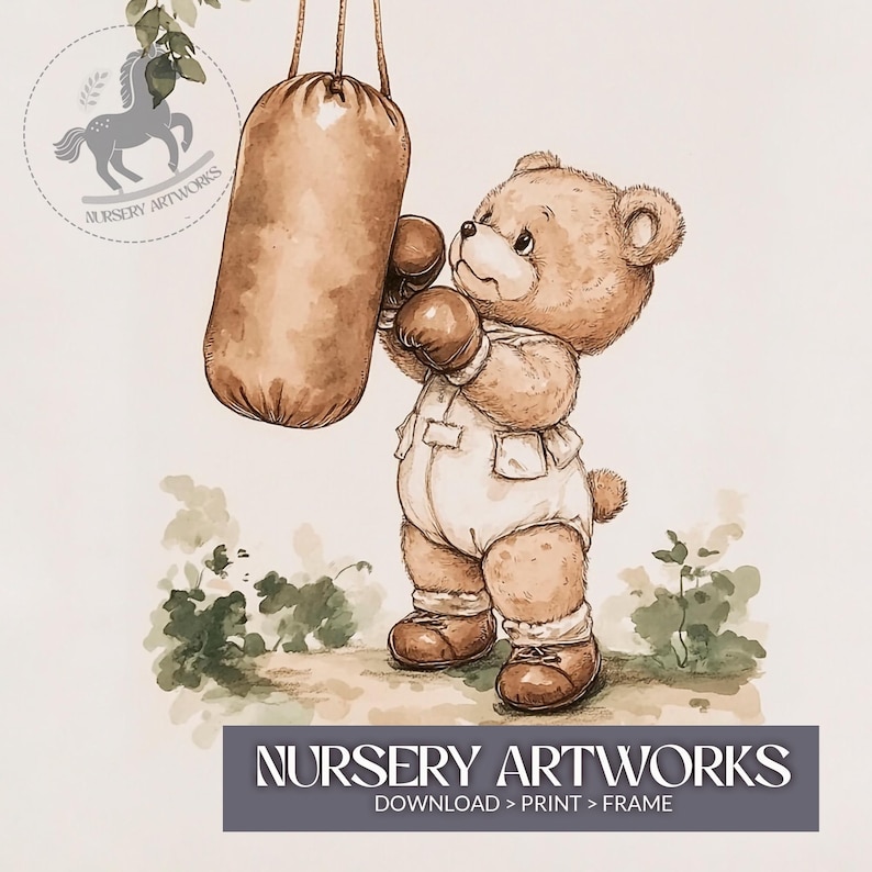 May include: A watercolor illustration of a brown teddy bear wearing boxing gloves and punching a brown punching bag. The bear is wearing a white onesie with a brown collar and brown shoes. The background is a light brown with green leaves.
