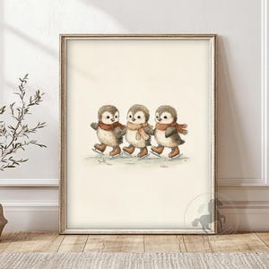Baby Penguin Nursery Wall Art, Printable Animal Nursery Decor, Winter Ice Skating Print, Digital Download