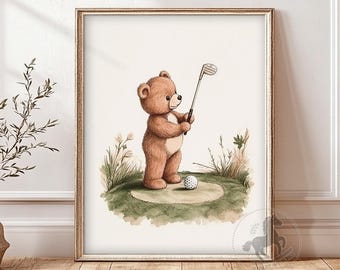Teddy Bear Playing Golf Nursery Art | Vintage Sports Animal Wall Art | Kids Room Decor | Printable Digital Download