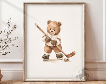 Vintage Teddy Bear Hockey Art: Nursery Sports Print (Digital Download)