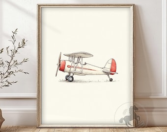 Lámina infantil de biplano vintage: Arte mural de avión retro (descarga digital)