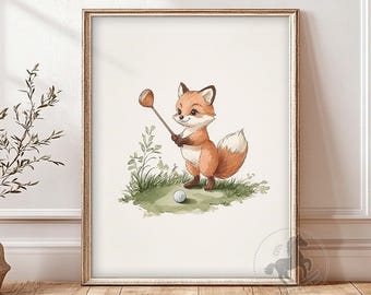 Fox kinderkamer kunst aan de muur, AFDRUKBARE sport kinderkamer decor, vintage golf print, digitale download