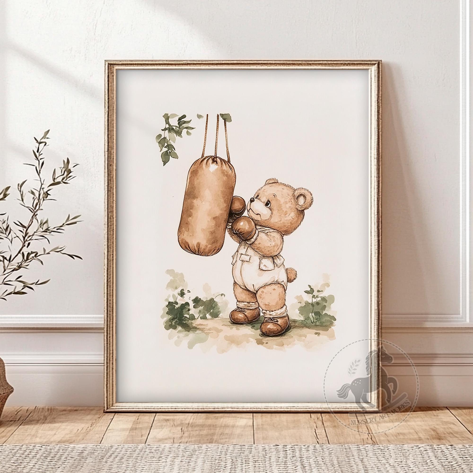 Teddy Bear Boxing Nursery Art | Vintage Sports Animal Wall Art | Kids Room Decor | Printable Digital Download