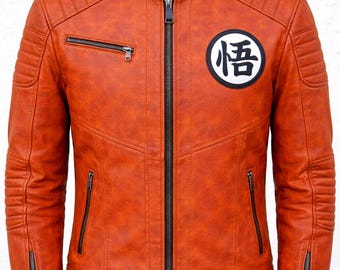 Orange Distressed Leather Biker Jacket with Kanji Symbol | Streetwear Rider Fashion