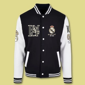 May include: Black and white varsity jacket with the text "RM CF" and a team logo. The jacket has white sleeves, a black body, and white and black striped trim on the collar, cuffs, and hem. The jacket has a button-up front.